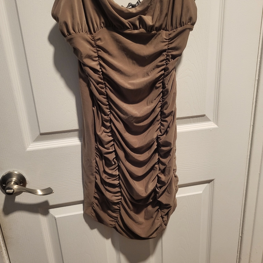 Sexy Ruched Sleeveless Mini Brown Dress Size 12 NWT Prettylittlethings